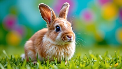 a vibrant easter bunny with a playful expression stands in the foreground of a lush green field filled with bright flowers
