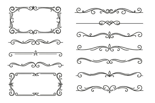 Collection of classic decorative borders and vintage text dividers. Elegant vector calligraphic ornaments. Filigree swirl line frames for invitations and certificates.
