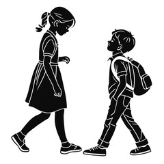 School Children Walking Vector Boy and Girl Characters with Backpack, Sneakers and Casual Outfits, Educational and Family Themed Illustration