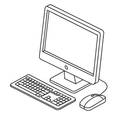 Desktop Computer Line Icon Vector Minimal Tech Setup with Monitor, Keyboard, Mouse and Cable for Office, IT, and Educational Design