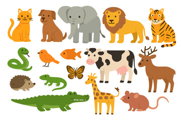 Big set of cute cartoon animal illustrations. Diverse species collection with wild, farm, and pet animals. Zoo, forest, and jungle characters. Vector icons for kids.