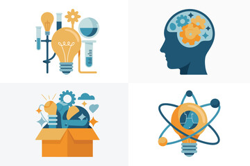 Four illustrations showing ideas and innovation with lightbulbs gears and a head profile on white