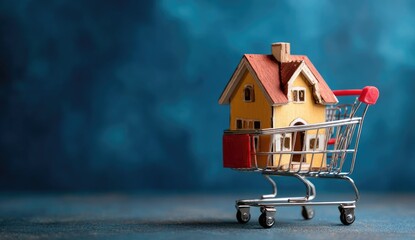 Miniature house in a shopping cart on a dark blue backdrop