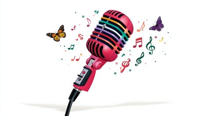 Microphone with colorful butterflies and musical notes surrounding it. Concept of creativity and artistic expression, as the microphone is a symbol of music and the butterflies