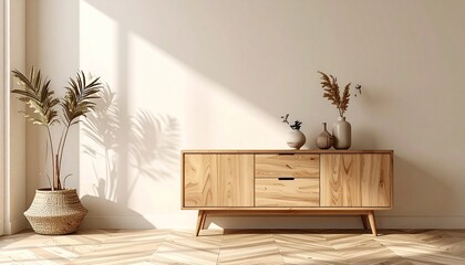 Slim wooden hallway console with hidden drawer, styled against a cream wall with ceramic decor and soft shadows on herringbone floor