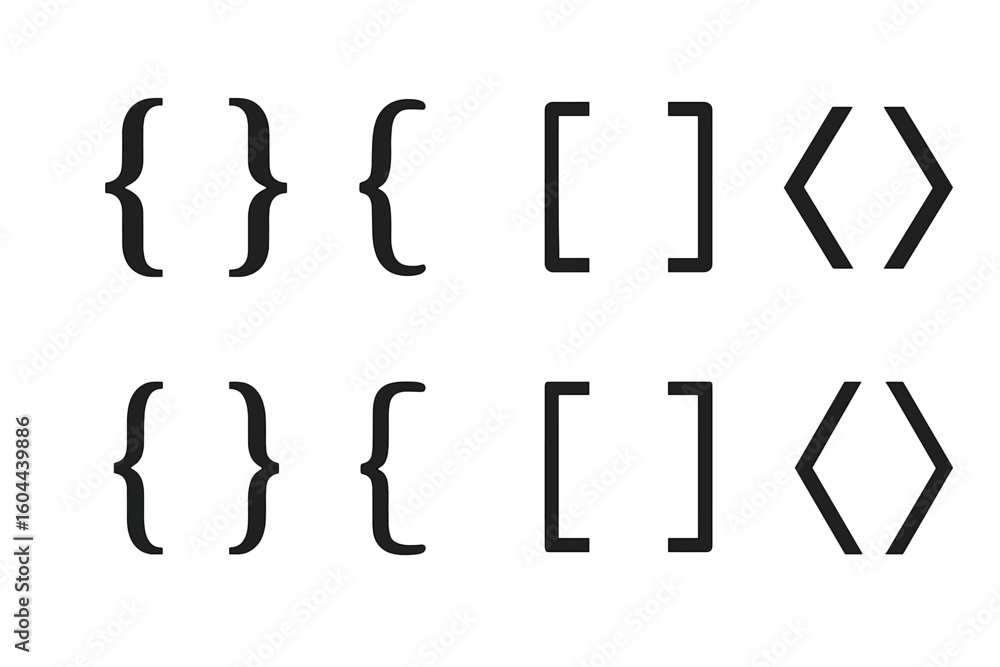 Fototapete set of black bracket symbols. curly, square, and angle braces for coding, programming, and web devel