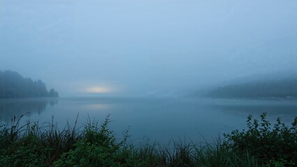 Misty waterside scene