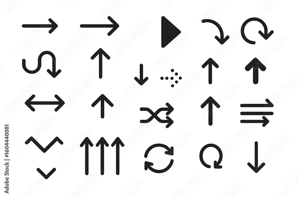 Poster arrow icon set. collection of various black direction signs. vector pointers. minimalist navigation 