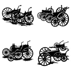 Fototapeta premium Silhouettes of vintage tractors with large wheels and visible mechanical details arranged in a grid pattern