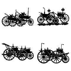Fototapeta premium Silhouette images of vintage horse drawn carriages and early automobiles in a quad format design layout