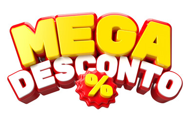 Texto 3D MEGA DESCONTO vermelho e amarelo com ícone de porcentagem, ideal para ofertas