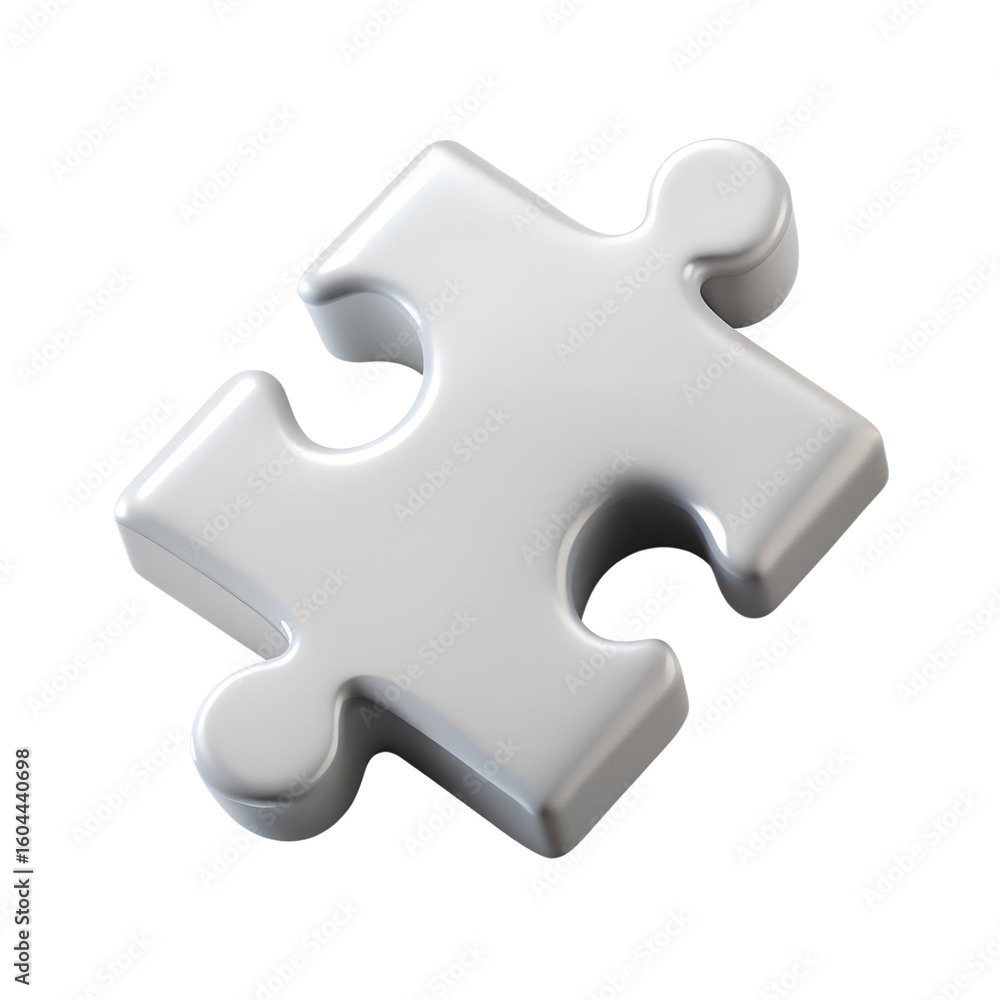 Poster a single 3d rendered silver puzzle piece representing solutions connection and problemsolving isolat