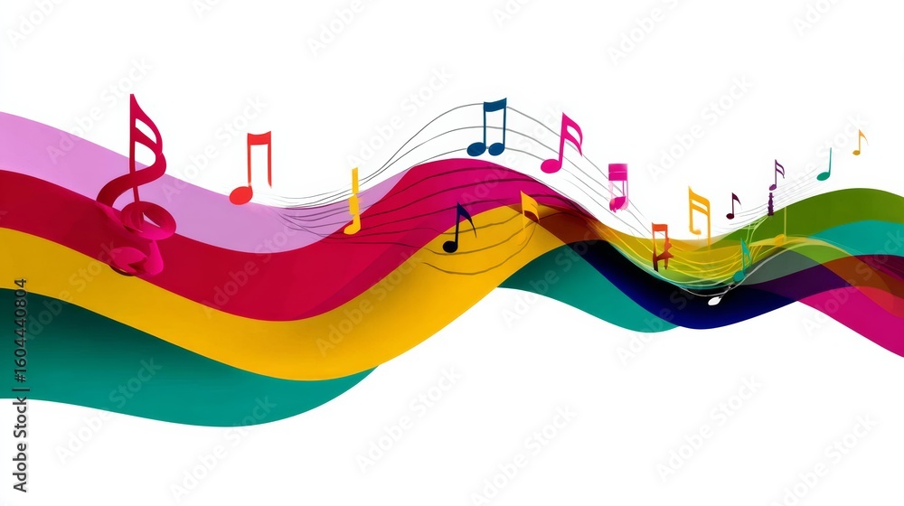 Poster colorful wave of notes with a white background. the notes are arranged in a way that they seem to be