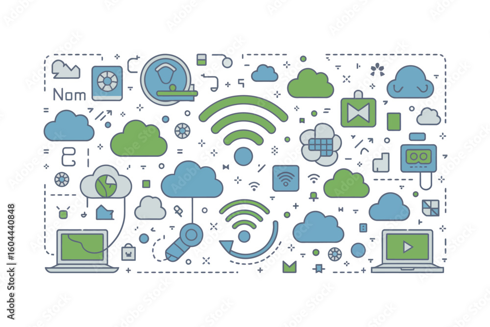 Poster a flat illustration depicting cloud computing network with laptops and various digital icons scatter