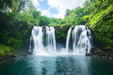 Obraz premium Tropical waterfall landscape with vibrant green foliage and blue water in Samoa, South Pacific