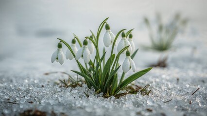 Snowdrops breaking through snow symbolize the beginning of nature's renewal