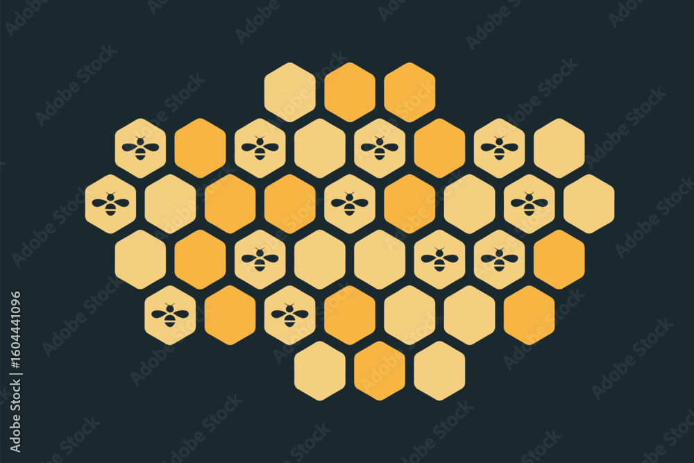 Poster honeycomb pattern with bees in alternating yellow and orange hexagons on a dark background design ar