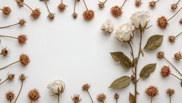 Overhead shot of wilted rose flowers arranged on a clean white backdrop with room for text