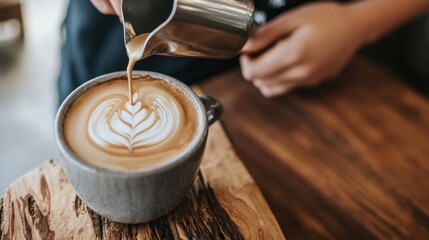Expert barista crafting beautiful latte art in a ceramic cup, pouring steamed milk on a rustic wooden table.