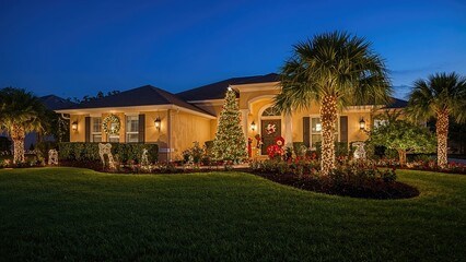Brightly illuminated holiday decor in the front yard of a family residence