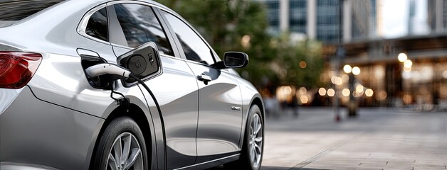 Naklejka premium Close-up view of an electric SUV charging at a modern station with sleek architecture and contemporary design elements in the background