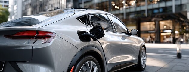 Close-up view of an electric SUV charging at a modern station with sleek architecture and contemporary design elements in the background