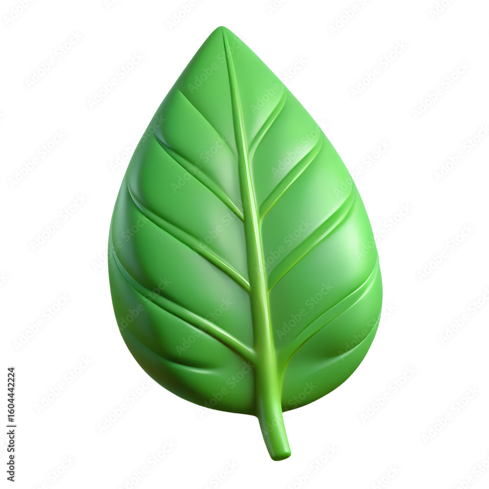 Poster a vivid green leaf rendered in 3d with clear veins and a smooth texture isolated on a transparent ba