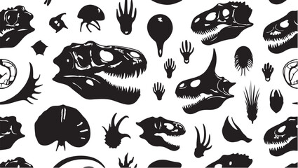 Obraz premium Dinosaur skulls and footprints black white pattern fossil prehistoric