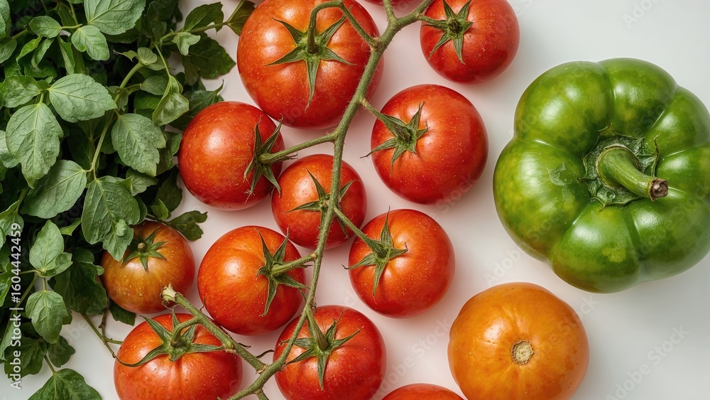 Poster flat lay scene displaying mature cherry tomatoes and peppers on an unobtrusive background
