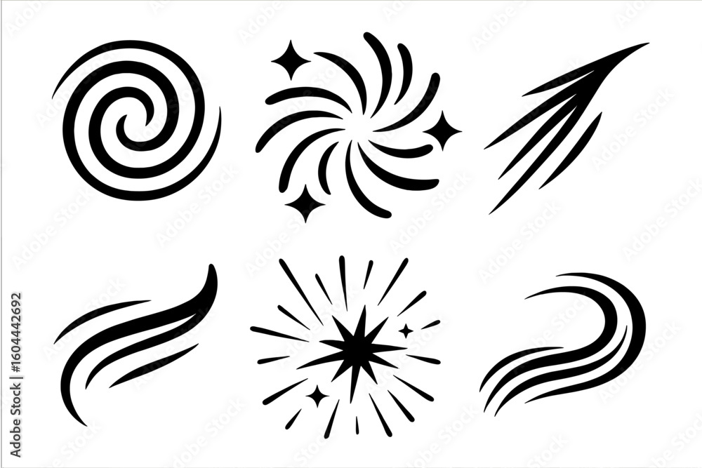 Aufkleber set of line movement elements for dynamic motion graphics. abstract hand-drawn vector swirls, bursts
