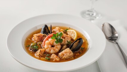 Fototapeta premium Bowl of Fish Soup with Spoon and Napkin
