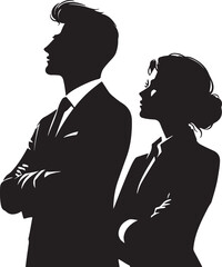 Silhouettes of Businessman character in different poses. Business man in formal suit standing front, back, rear, side view, pointing, thinking. Vector black illustrations on white background	