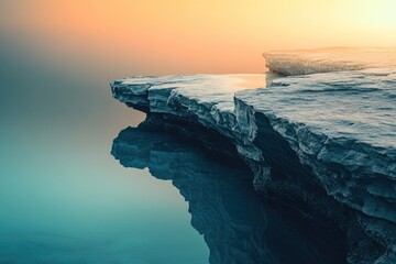 Serene sunrise over dramatic coastal cliffs reflecting in calm teal water.