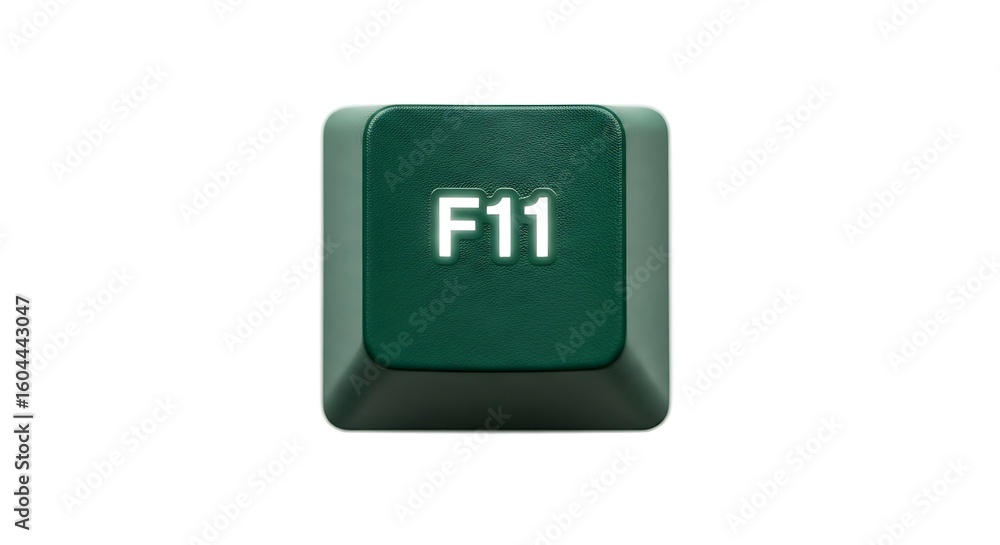 Poster close-up of a green f11 computer key on white background