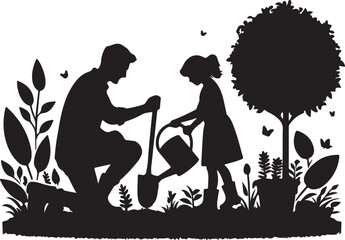 Silhouette of father and daughter gardening vector in white background	
