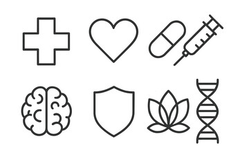 Medical icon outline set. Healthcare and wellness symbols. Vector illustration with cross, heart, pill, syringe, brain, shield, DNA and lotus flower for health concepts.