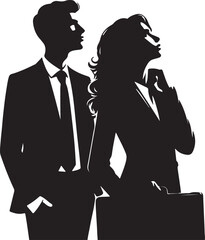 Silhouettes of Businessman character in different poses. Business man in formal suit standing front, back, rear, side view, pointing, thinking. Vector black illustrations on white background	