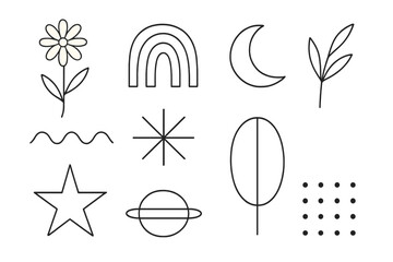 Minimalist line art icon set. Hand drawn doodle collection with flower, rainbow, moon, star. Modern boho aesthetic graphic elements. Vector abstract shapes for design.