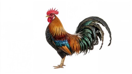Fototapeta premium Rooster in fighting stance against a plain white background