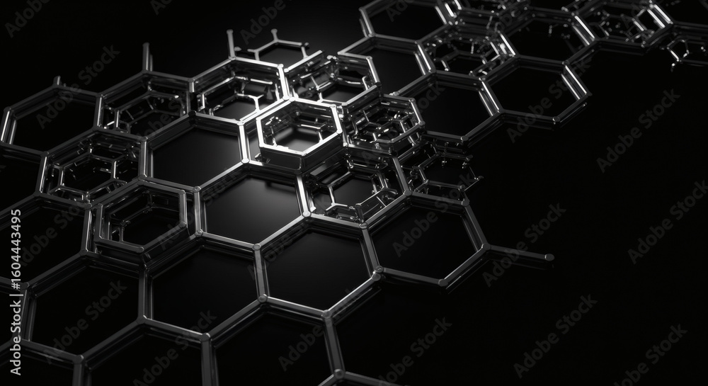 Poster futuristic metallic hexagon pattern with a glossy finish on a black background. abstract concept for