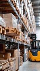 Forklift truck transporting goods in a spacious warehouse filled with pallets and a shipping container in bright, efficient lighting