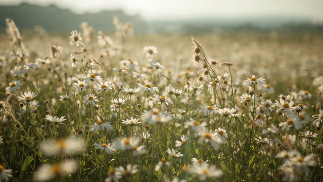 Sunlit meadow of chamomile flowers during summer