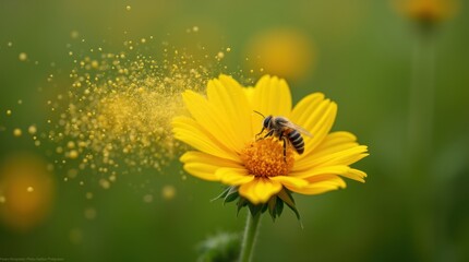 A detailed close-up of a flower releasing a cloud of pollen, carried by the wind, symbolizing spring, allergies, and nature's cycle.

