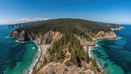 High-angle image of steep rocky coastline with lush pine groves above a tight sandy beach; tranquil green waters beneath a vivid blue sky.