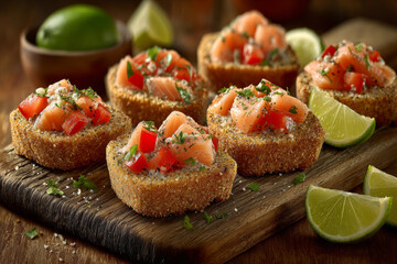 Crispy breaded bruschetta with salmon, tomato and herbs