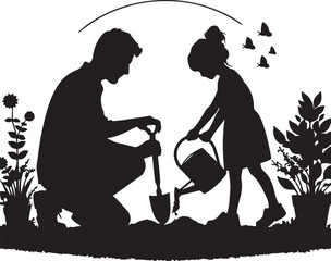 Silhouette of father and daughter gardening vector in white background	