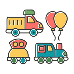 Fototapeta premium A colorful cartoon set of toy cars, trucks, and other transport vehicles