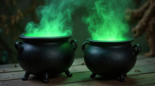 Two mystical cauldrons with bubbling green potion for Halloween preparation