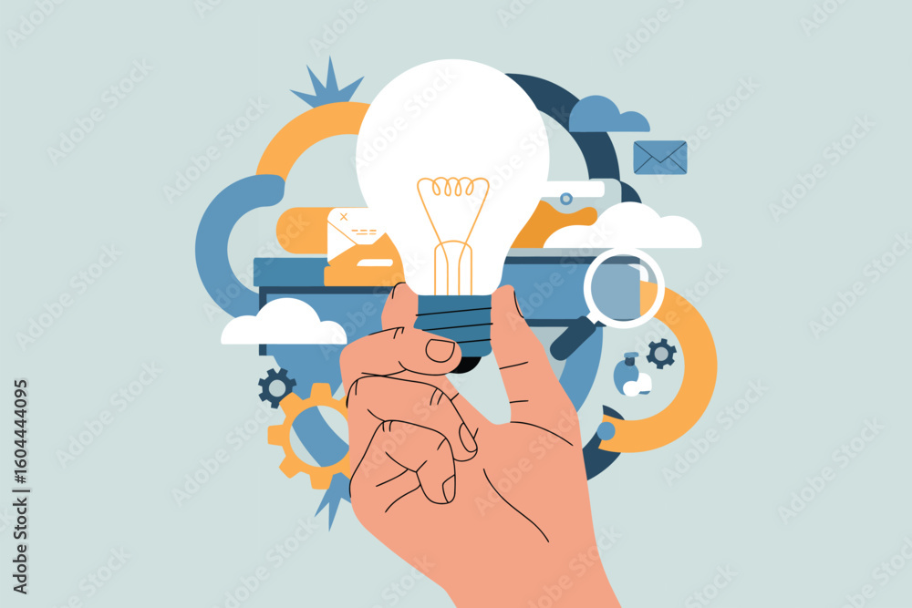 Poster a hand holding a light bulb with gears clouds and other design elements in the background vector art