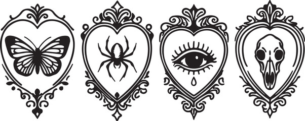 Ornate heart frames with gothic motifs butterfly spider